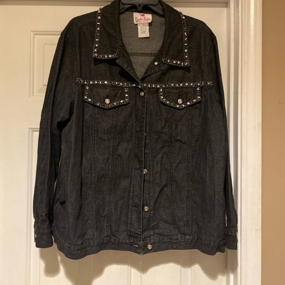Quacker Factory Black Denim Rhinestones Shacket Shirt/Jacket Women’s Size 1X - Picture 1 of 8